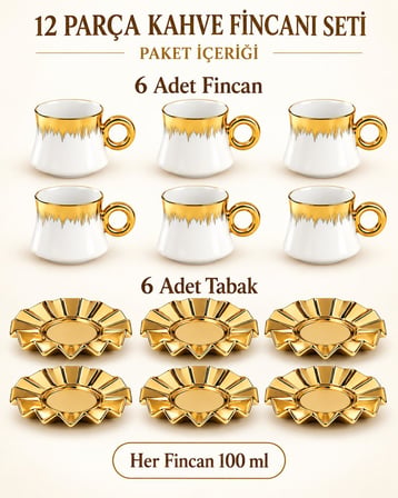 Valkyrie 6 Kişilik 12 Parça Türk Kahvesi Fincan Seti 100 ml Beyaz Gold Detaylı Porselen