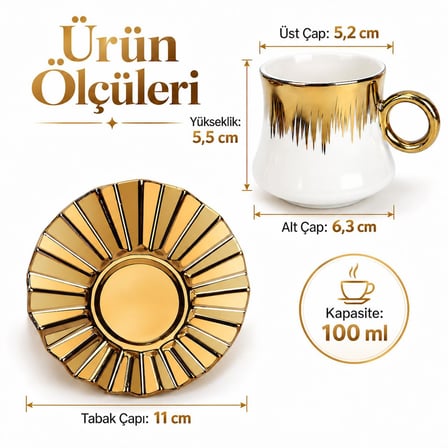 Valkyrie 6 Kişilik 12 Parça Türk Kahvesi Fincan Seti 100 ml Beyaz Gold Detaylı Porselen