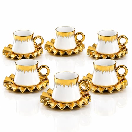Valkyrie 6 Kişilik 12 Parça Türk Kahvesi Fincan Seti 100 ml Beyaz Gold Detaylı Porselen