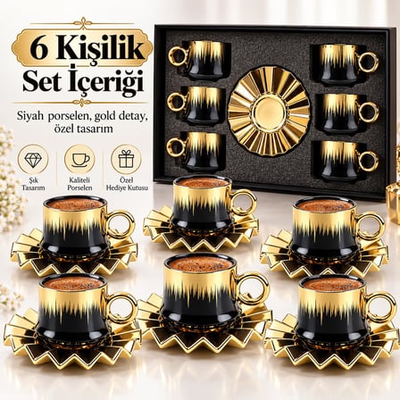 Valkyrie 6 Kişilik 12 Parça Türk Kahvesi Fincan Seti 100 ml Siyah Gold Detaylı Porselen