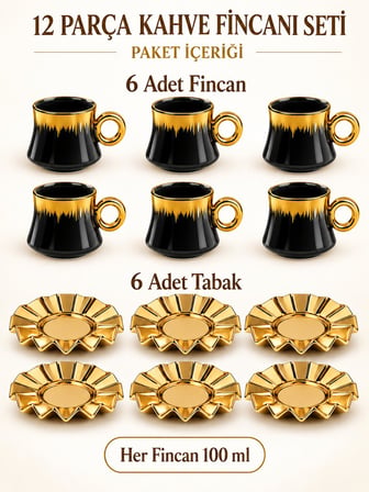 Valkyrie 6 Kişilik 12 Parça Türk Kahvesi Fincan Seti 100 ml Siyah Gold Detaylı Porselen