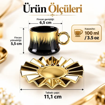 Valkyrie 6 Kişilik 12 Parça Türk Kahvesi Fincan Seti 100 ml Siyah Gold Detaylı Porselen