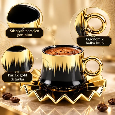 Valkyrie 6 Kişilik 12 Parça Türk Kahvesi Fincan Seti 100 ml Siyah Gold Detaylı Porselen