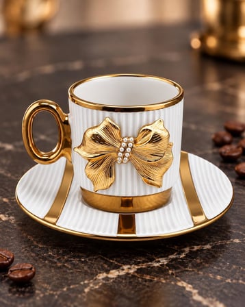 Valkyrie Fiyonk Detaylı 6 Kişilik 12 Parça Türk Kahvesi Fincan Seti 80 ml Gold Porselen Söz Fincanı