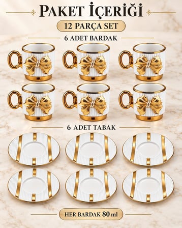Valkyrie Fiyonk Detaylı 6 Kişilik 12 Parça Türk Kahvesi Fincan Seti 80 ml Gold Porselen Söz Fincanı