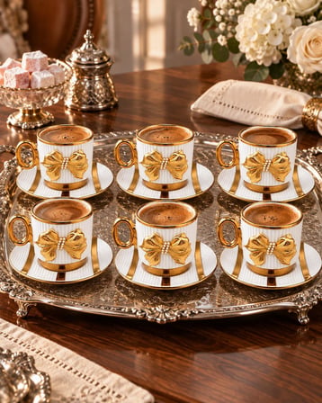 Valkyrie Fiyonk Detaylı 6 Kişilik 12 Parça Türk Kahvesi Fincan Seti 80 ml Gold Porselen Söz Fincanı