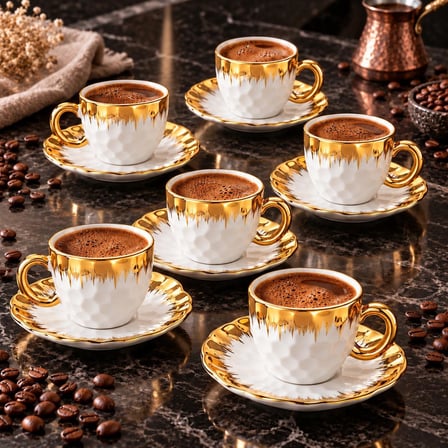Valkyrie Petek Serisi 6 Kişilik 12 Parça Beyaz Gold Detaylı Türk Kahvesi Fincan Seti Porselen 90ml