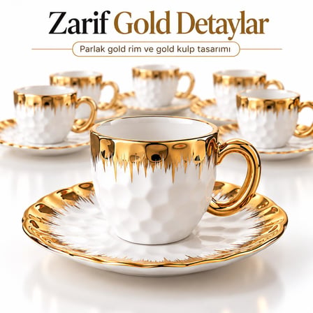 Valkyrie Petek Serisi 6 Kişilik 12 Parça Beyaz Gold Detaylı Türk Kahvesi Fincan Seti Porselen 90ml