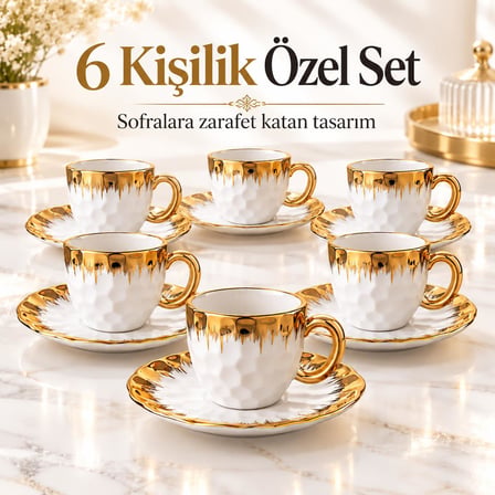 Valkyrie Petek Serisi 6 Kişilik 12 Parça Beyaz Gold Detaylı Türk Kahvesi Fincan Seti Porselen 90ml