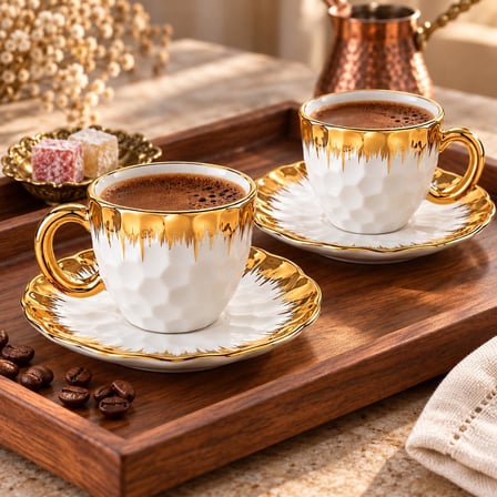 Valkyrie Petek Serisi 6 Kişilik 12 Parça Beyaz Gold Detaylı Türk Kahvesi Fincan Seti Porselen 90ml