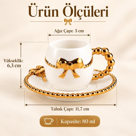 Valkyrie 6 Kişilik 12 Parça Gold Fiyonklu Porselen Türk Kahvesi Fincan Seti 80 ml Kutulu