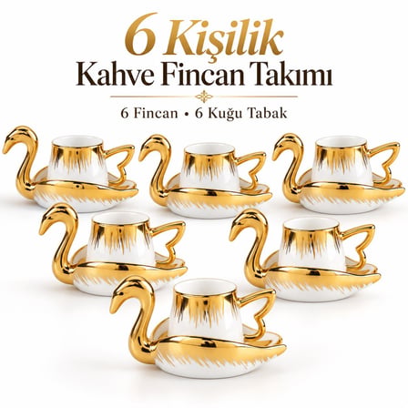 Valkyrie Kuğu Serisi 6 Kişilik 12 Parça Gold Kuğu Tasarımlı Türk Kahvesi Fincan Takımı Hediyelik Set