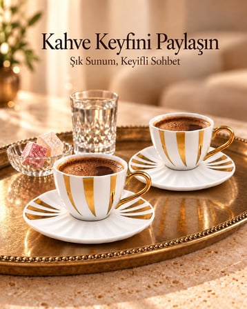 Valkyrie İstiridye Serisi 6 Kişilik 12 Parça Türk Kahvesi Fincan Takımı Gold Detaylı Porselen Set
