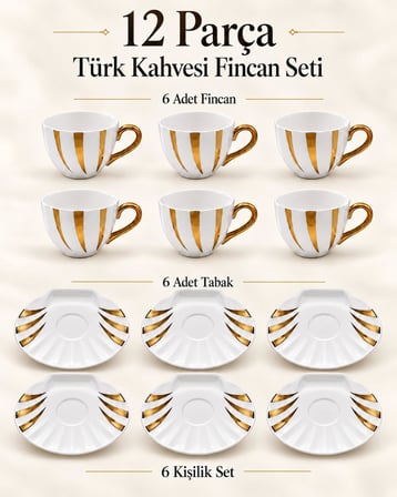 Valkyrie İstiridye Serisi 6 Kişilik 12 Parça Türk Kahvesi Fincan Takımı Gold Detaylı Porselen Set