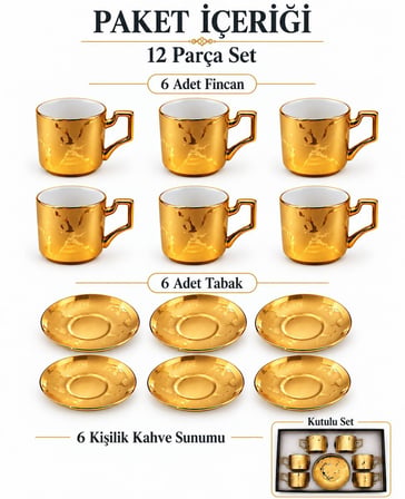 Valkyrie 6 Kişilik 12 Parça Gold Türk Kahvesi Fincan Takımı Modern Köşeli Kulplu Set
