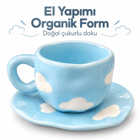 Valkyrie Bulut Desenli Pastel Mavi Kahve Fincanı ve Tabağı Seti Seramik Şık Tasarım