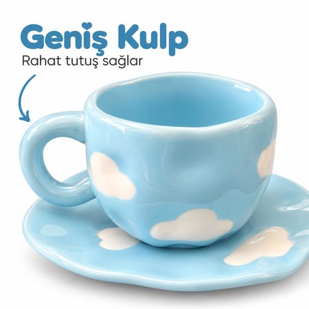 Valkyrie Bulut Desenli Pastel Mavi Kahve Fincanı ve Tabağı Seti Seramik Şık Tasarım