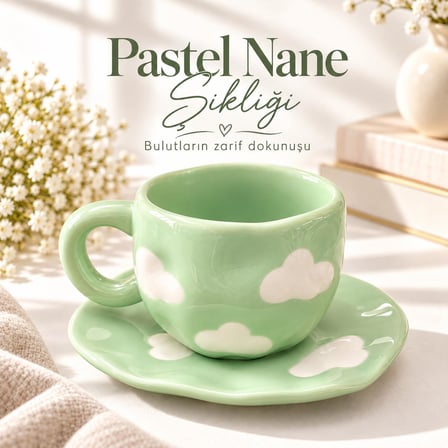 Valkyrie Bulut Desenli Yeşil Çay Ve Kahve Fincanı ve Tabağı Seramik Pastel Nane Sunum Seti