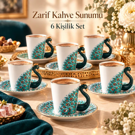 Valkyrie Peacock Serisi 6 Kişilik 12 Parça Tavus KuşuPorselen Türk Kahvesi Fincan Takımı 90ml