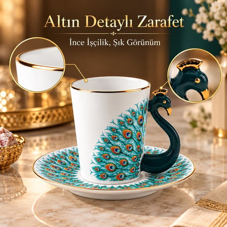 Valkyrie Peacock Serisi 6 Kişilik 12 Parça Tavus KuşuPorselen Türk Kahvesi Fincan Takımı 90ml