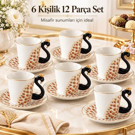 Valkyrie Peacock Serisi 6 Kişilik 12 Parça Tavus KuşuPorselen Türk Kahvesi Fincan Takımı 90ml Kahve