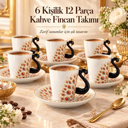 Valkyrie Peacock Serisi 6 Kişilik 12 Parça Tavus KuşuPorselen Türk Kahvesi Fincan Takımı 90ml Kahve