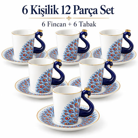 Valkyrie Peacock Serisi 6 Kişilik 12 Parça Tavus KuşuPorselen Türk Kahvesi Fincan Takımı 90ml Lacivert