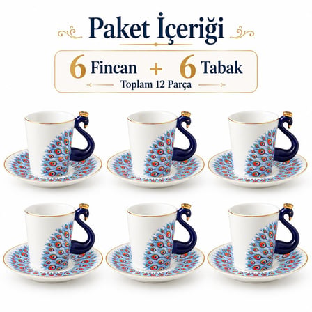 Valkyrie Peacock Serisi 6 Kişilik 12 Parça Tavus KuşuPorselen Türk Kahvesi Fincan Takımı 90ml Lacivert