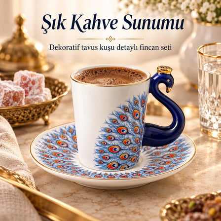 Valkyrie Peacock Serisi 6 Kişilik 12 Parça Tavus KuşuPorselen Türk Kahvesi Fincan Takımı 90ml Lacivert