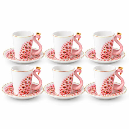 Valkyrie Peacock Serisi 6 Kişilik 12 Parça Tavus KuşuPorselen Türk Kahvesi Fincan Takımı 90ml Pembe