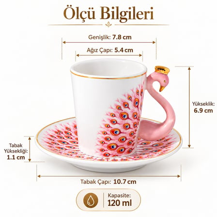 Valkyrie Peacock Serisi 6 Kişilik 12 Parça Tavus KuşuPorselen Türk Kahvesi Fincan Takımı 90ml Pembe