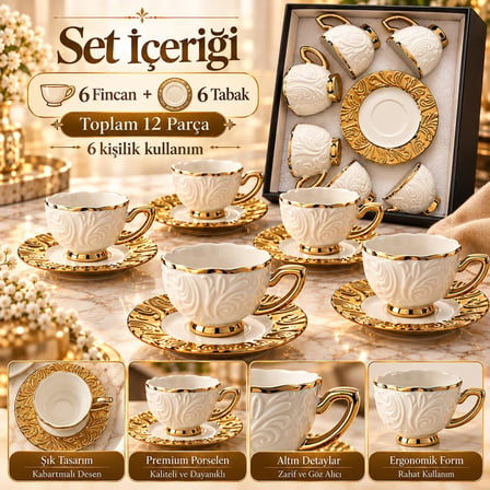 Valkyrie Hürrem Serisi 6 Kişilik 12 Parça Kahve Fincan Takımı 100ml Kabartmalı Altın Detaylı Set