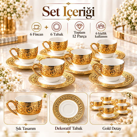 Valkyrie Harem Serisi 6 Kişilik 12 Parça Kahve Fincan Takımı – Gold Detaylı Şık Fincan Seti