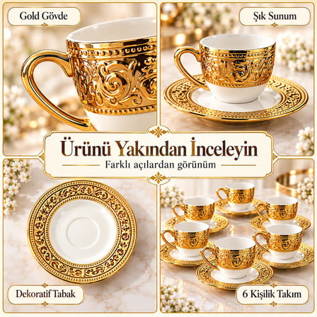 Valkyrie Harem Serisi 6 Kişilik 12 Parça Kahve Fincan Takımı – Gold Detaylı Şık Fincan Seti