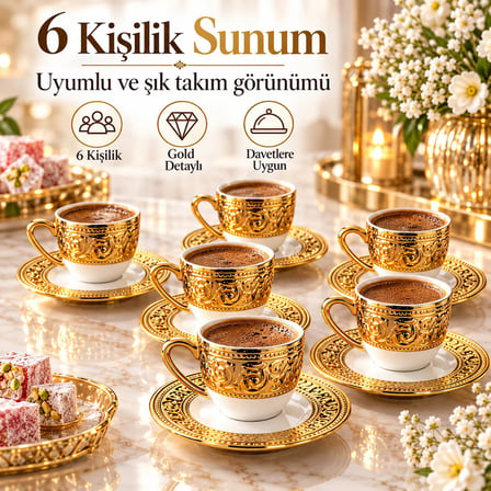 Valkyrie Harem Serisi 6 Kişilik 12 Parça Kahve Fincan Takımı – Gold Detaylı Şık Fincan Seti