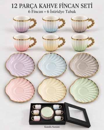 Valkyrie Perla Serisi 6 Kişilik 12 Parça Porselen Türk Kahvesi Fincan Takımı Pastel Gold Renkli