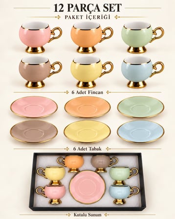 Valkyrie Pastelia Serisi 12 Parça 6 Kişilik Pastel Renkli Gold Ayaklı Türk Kahvesi Fincan Takımı