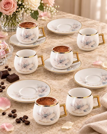 Valkyrie Magnolia Serisi 12 Parça 6 Kişilik 100 ml Gold Çiçek Desenli Türk Kahvesi Fincan Takımı