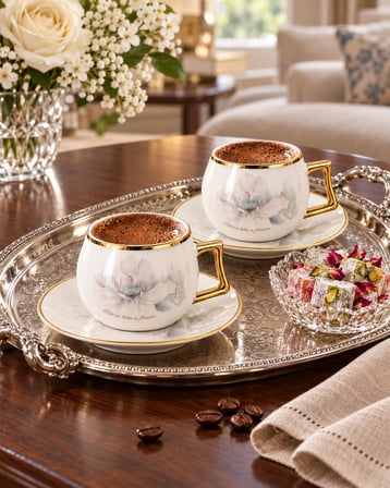 Valkyrie Magnolia Serisi 12 Parça 6 Kişilik 100 ml Gold Çiçek Desenli Türk Kahvesi Fincan Takımı