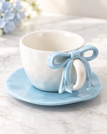 Valkyrie Ribbon Serisi 2 Parça 380 ml Mavi Fiyonklu Tabaklı Çay Kahve Kupa Fincan Seti