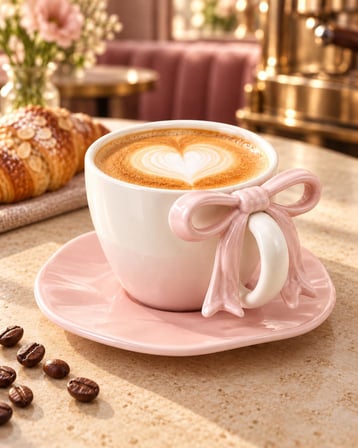 Valkyrie Ribbon Serisi 2 Parça 380 ml Pembe Fiyonklu Tabaklı Çay Kahve Kupa Fincan Seti