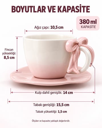 Valkyrie Ribbon Serisi 2 Parça 380 ml Pembe Fiyonklu Tabaklı Çay Kahve Kupa Fincan Seti