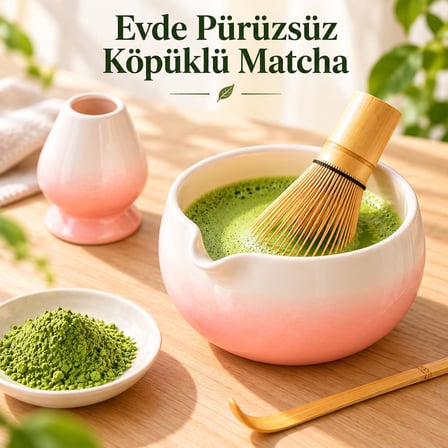 Valkyrie 6 Parça Matcha Hazırlama Seti 530 ml Seramik Kase Bambu Çırpıcı Stand ve Süzgeç Pembe Beyaz