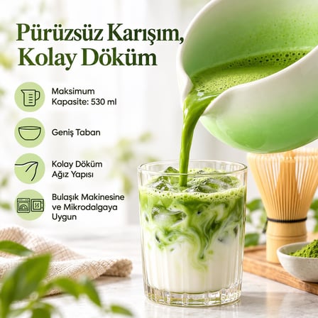 Valkyrie 6 Parça Matcha Hazırlama Seti 530 ml Seramik Kase Bambu Çırpıcı Stand ve Süzgeç Yeşil Beyaz