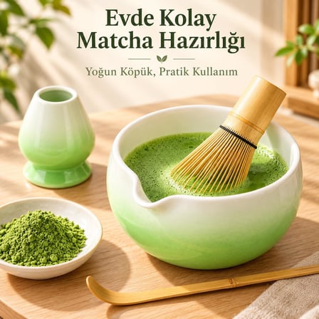 Valkyrie 6 Parça Matcha Hazırlama Seti 530 ml Seramik Kase Bambu Çırpıcı Stand ve Süzgeç Yeşil Beyaz