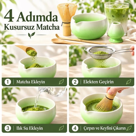 Valkyrie 6 Parça Matcha Hazırlama Seti 530 ml Seramik Kase Bambu Çırpıcı Stand ve Süzgeç Yeşil Beyaz