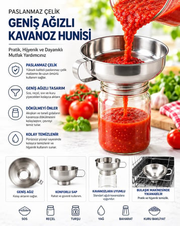 Paslanmaz Çelik Geniş Ağızlı Kavanoz Hunisi 15 cm – Salça, Reçel, Sos, Yağ ve Bakliyat Aktarma Hunisi