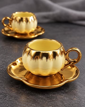 Valkyrie 6 Kişilik Krem Gold Balkabağı Model Türk Kahvesi Fincan Takımı 12 Parça 80 ml Çeyizlik Krem