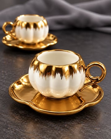 Valkyrie 6 Kişilik Beyaz Gold Balkabağı Model Türk Kahvesi Fincan Takımı 12 Parça 80 ml Çeyizlik byz