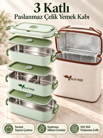 Valkyrie 3 Katlı Paslanmaz Çelik Yemek Kabı Sızdırmaz Kapaklı Sefer Tası Termal Çantalı Lunch Box